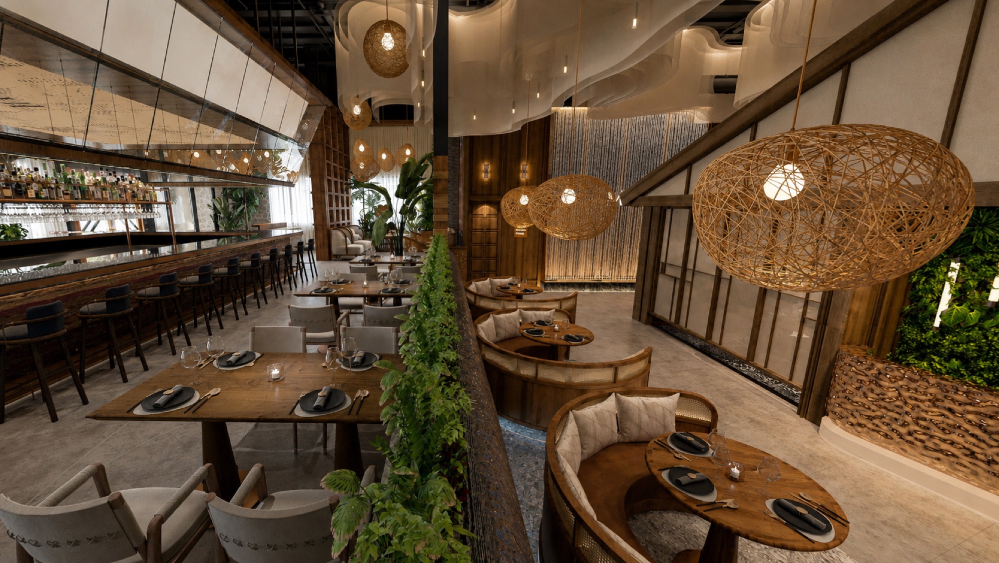 MUI's dining room — curved cane booths beneath woven rattan pendants
